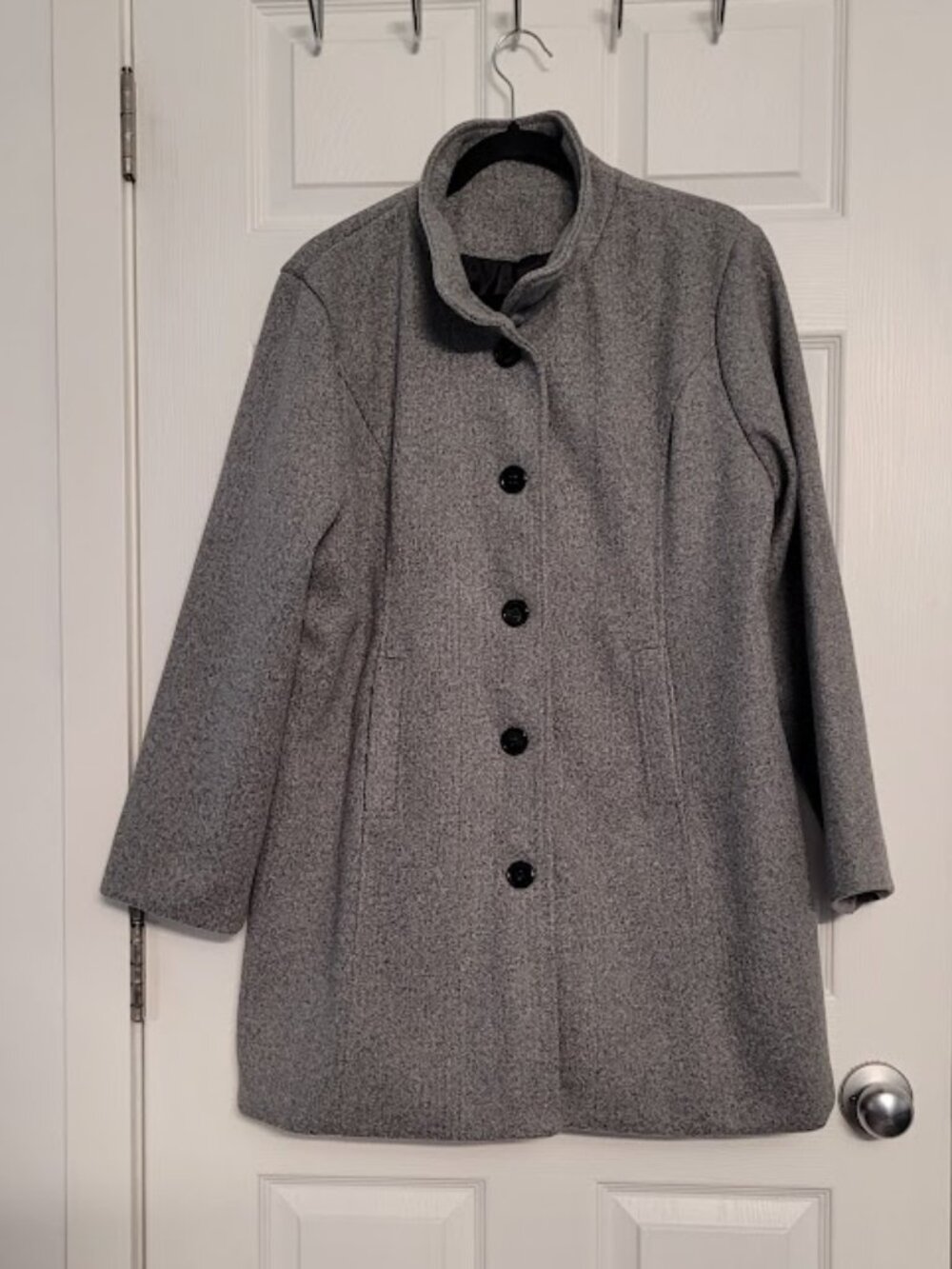 Womens XL Classic Button Front Grey Wool-Look Car/pea Coat-Jacket-Washable style
